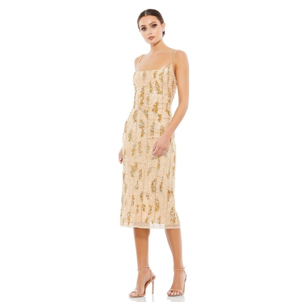 NWT Mac Duggal 10770 Beaded Spaghetti Strap Midi Slip Dress, Size 2 Nude Gold